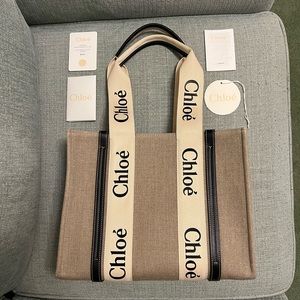 Chloe Medium Woody Tote Bag in Linen. 100% genuine Chloe Woody.